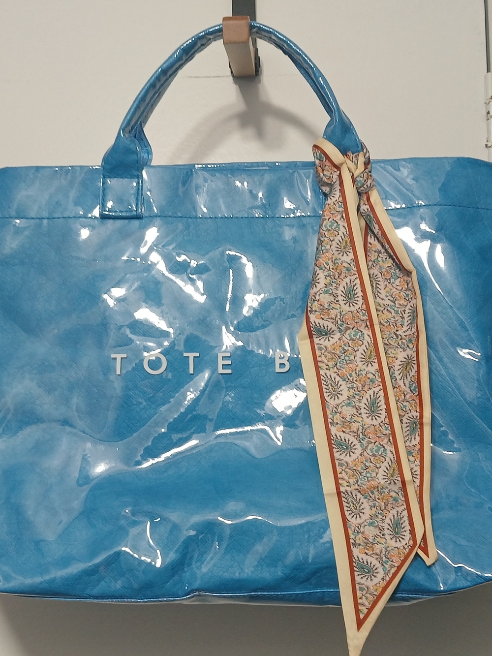 totes Shiny Sky Blue Tote with Patterned Scarf Accent